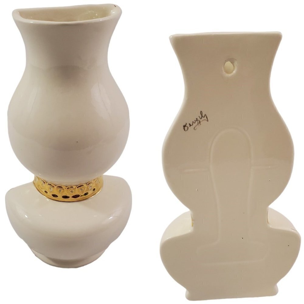 SIGNED Art Ceramic Ivory with Gold Accent Tabletop Wall Vase